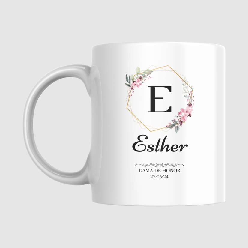Taza dama de honor · nombre + inicial